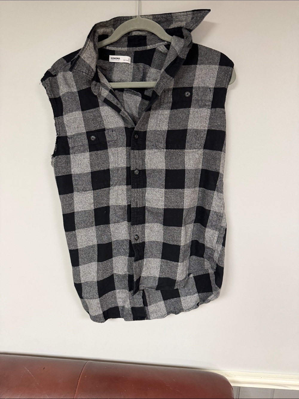 Sonoma Flannel Buffalo Plaid Gray & Black Sleeves Cutout, Size Small